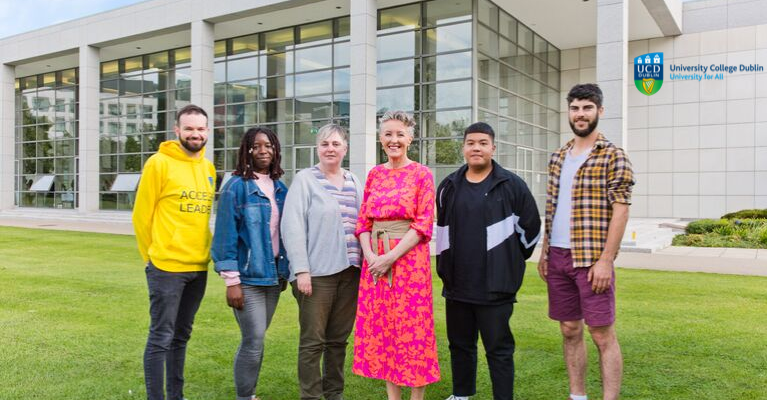 A group of ALL student with Dr Anna Kelly outside of O'Reilly Hall