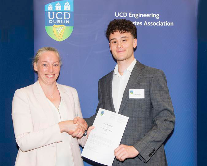 UCD Engineering Graduates Association, EGA Gold Medal & Award Ceremony 2022. Carthy Travel Award presented by Dr Jessica Whelan, Head Of School, Chemical and Bioprocess Engineering to Cathal Nulty