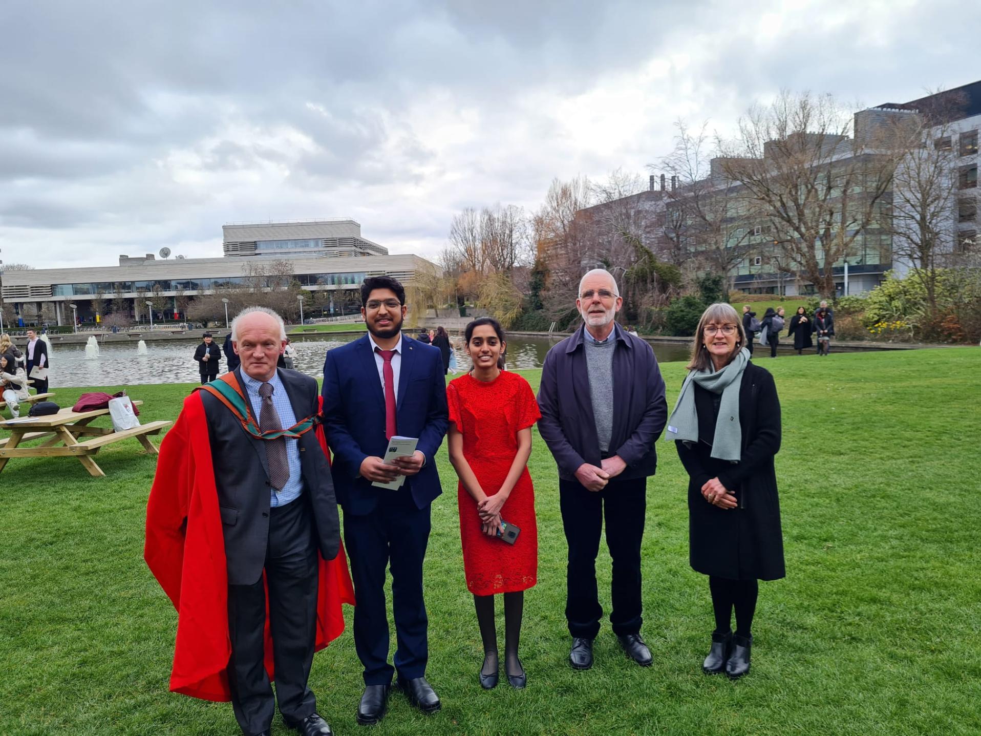 From l to r: Associate Professor PJ Purcell, Nandan Ramakrishna Prasad, Eline Maria Sunny, and donors Tom Byrne and Gemma Kiernan