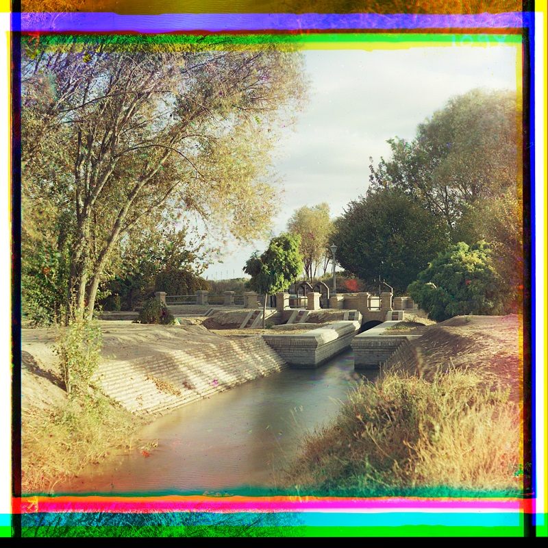 Colourised version of Library of Congress LC-P87- 107x At the fifth water supply control, irrigation canal in the Murgab Estate between 1905 and 1915.