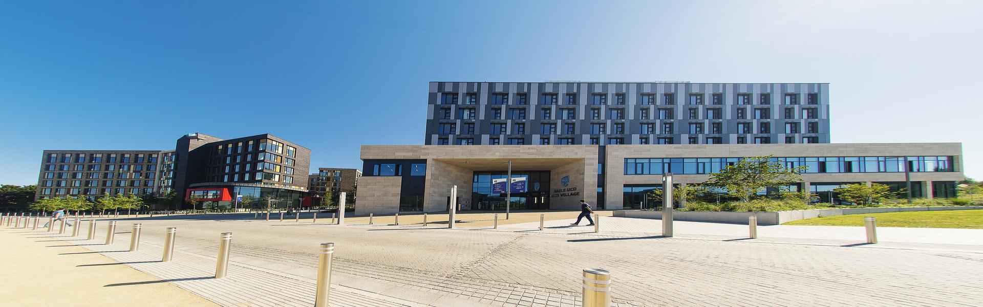 Photograph of UCD Student Village with a blue sky background