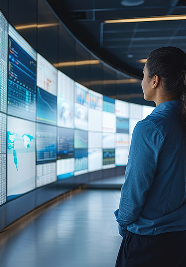 People working together at observing data center with large screens, cyber security, protection, incidence response and recover. Generative AI.