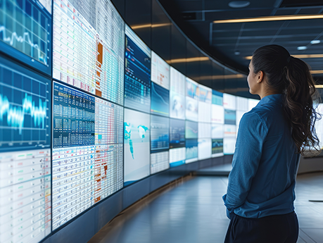 People working together at observing data center with large screens, cyber security, protection, incidence response and recover. Generative AI.