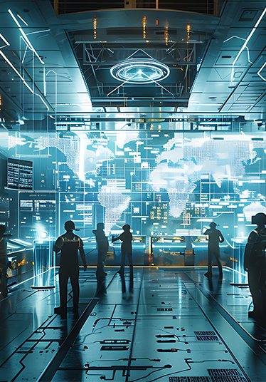 Military control room with infographic, radar, and world map