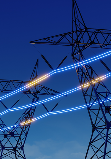 High voltage electric transmission tower with glowing current line, electrical power transmit through wire to city and house at night, Renewable green energy grid infrastructure concept 3d rendering