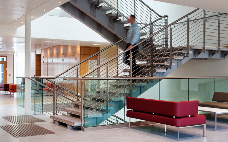 A man walking down stairs