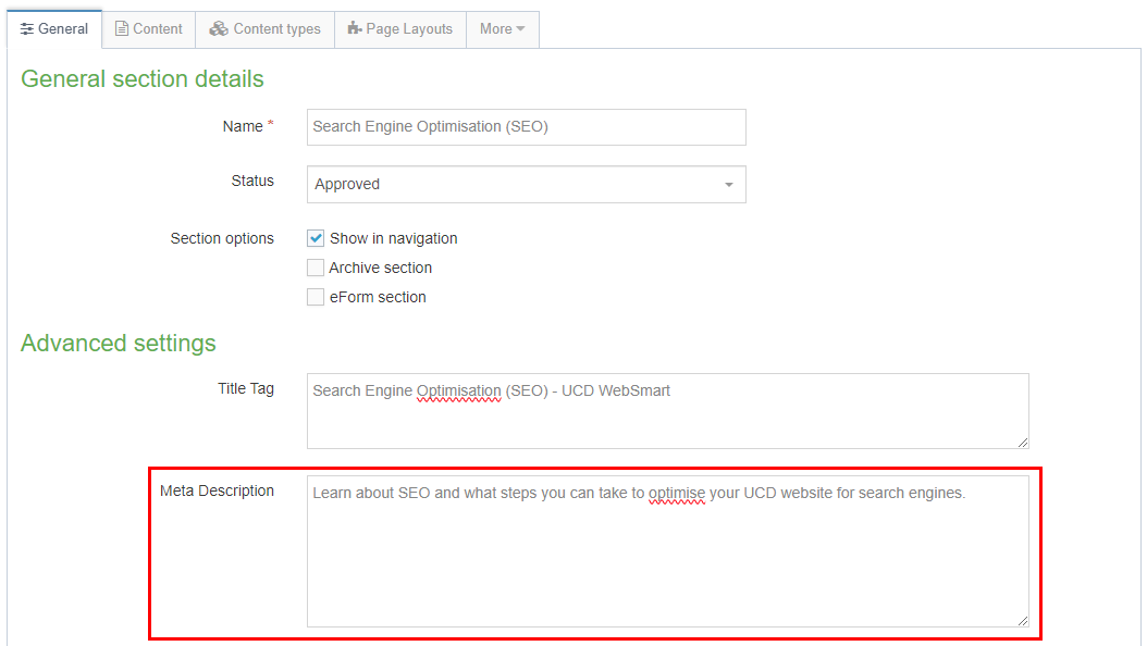 A screenshot of the highlighted Meta Description field in Terminalfour